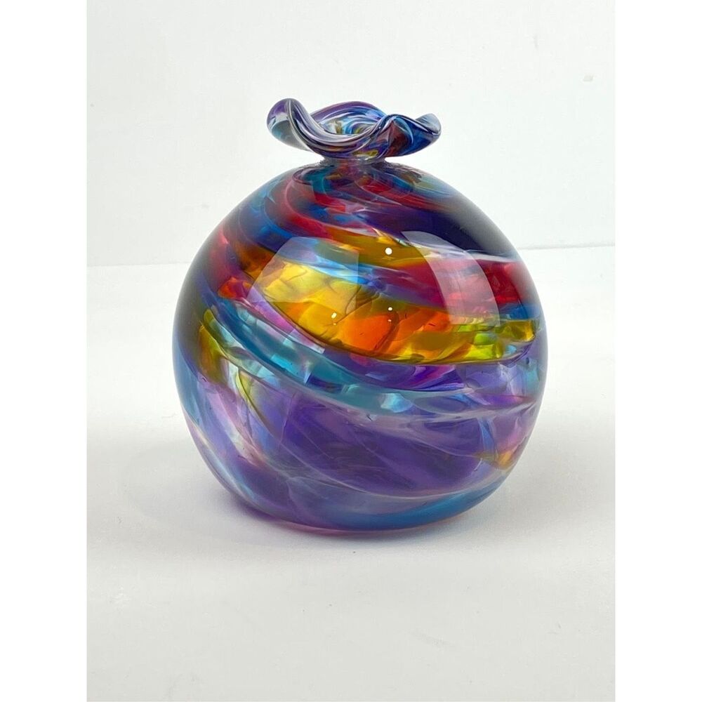 Vtg 1996 Marty White Elk Holmes Hand Blown Multicolor Swirl Art Glass Vase Urn E